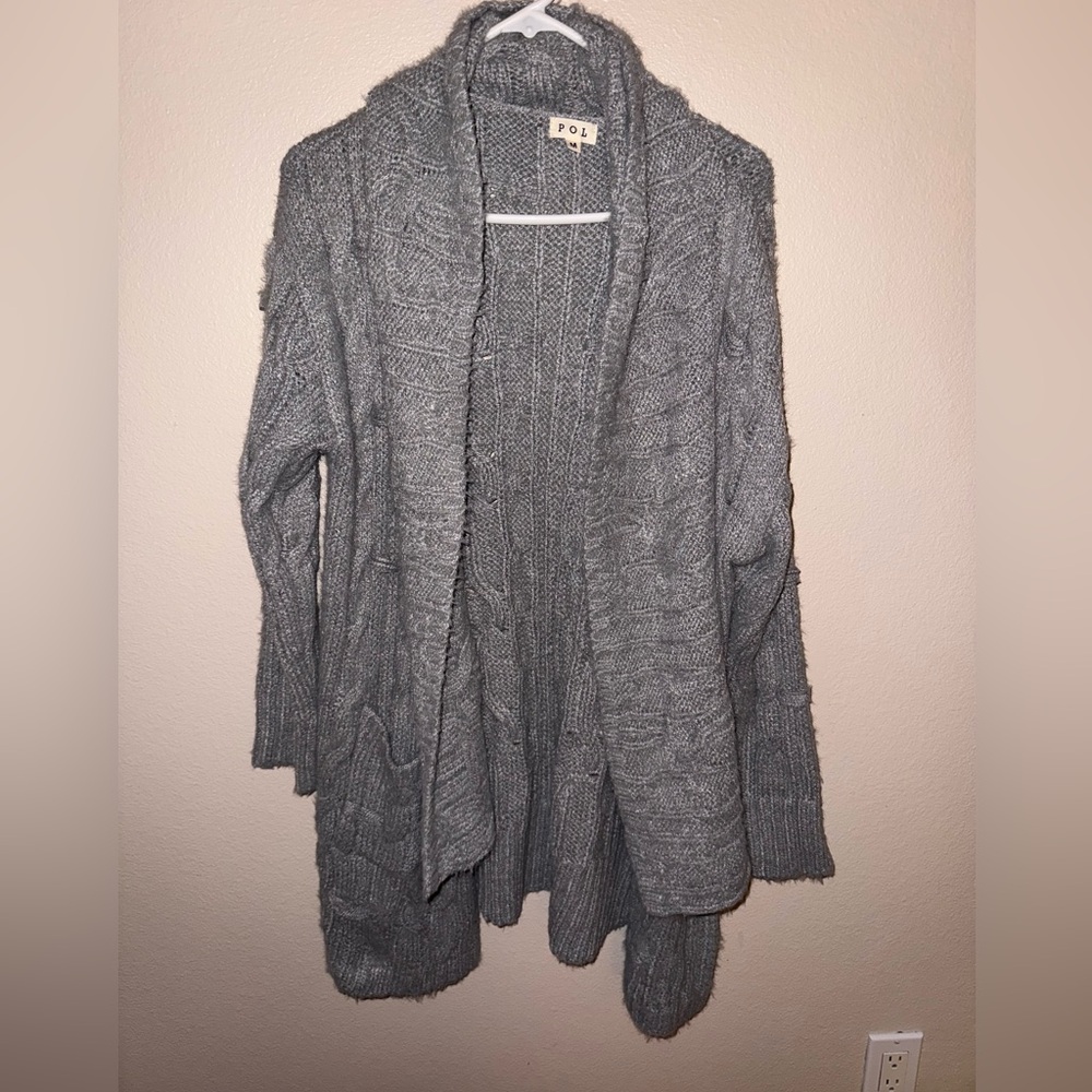 POL Women's Gray Cable Knit Waterfall‎ Cardigan w/Pockets size Medium
